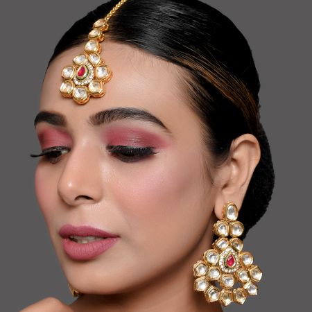 Mirror Stone Earrings and Maang Tikka Set with Ruby Accent